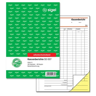 Abbildung von SIGEL SD007 Kassenbericht / Bestandsrechnung A5, 2x40 Blatt, selbstdurchschreibend, 1 Stück, mikroperforiert, mit Abheftlochung, aus nachhaltigem Papier