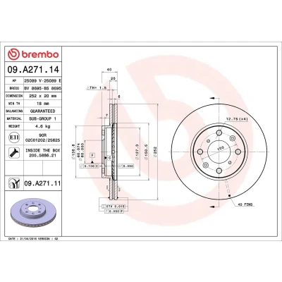 Abbildung von BREMBO 09.A271.14 Bremsscheibe 252 20 4 innenbelüftet mit Schrauben SUZUKI: SWIFT 3, Splash, OPEL: Agila B