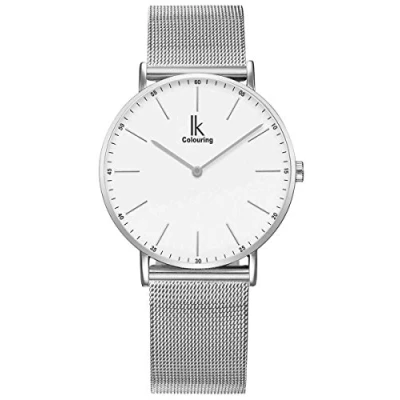 Abbildung von Alienwork IK Armbanduhr Herren Damen Silber Metall Mesh Armband Edelstahl Weiss Ultra flach