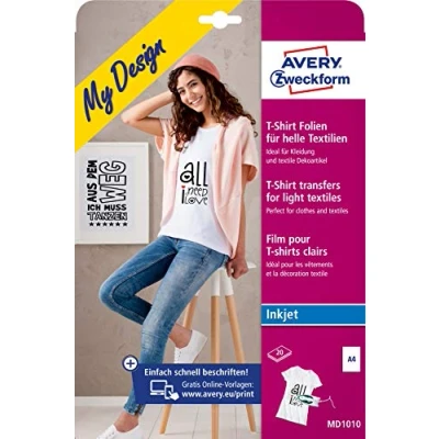 Abbildung von AVERY Zweckform 20 Textilfolien, T Shirt selbst gestalten, bedrucken (Bügelfolie, helle Textilien, DIN A4, bedruckbare Folie zum Aufbügeln, Transferfolie für Inkjet Drucker) MD1010