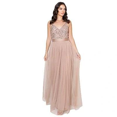 Abbildung von Maya Deluxe Damen Women&#039;s Maxi Dress Long Wedding Guest Bridesmaid Ball V Neck Wide Straps Brautjungfernkleid, Taupe Blush, 44 EU