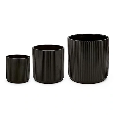 Abbildung von Amazon Basics Rund, Geriffelte Keramik Pflanzgefäße, verschiedene Größen, 3 Stück, Schwarz, 15.2, 20.3 und 25.4 cm