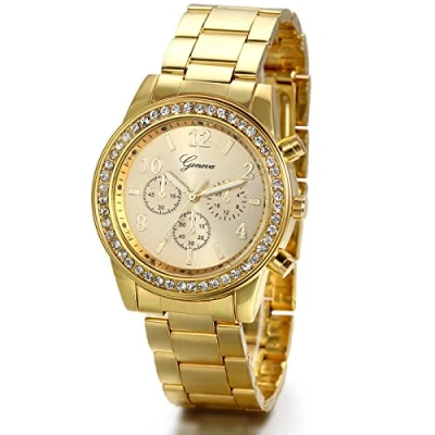 Abbildung von JewelryWe Herren Damen Armbanduhr, Elegant Shiny Business Casual Analog Quarz Edelstahl Armband Uhr mit Strass Digital Zifferblatt, Gold