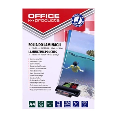 Abbildung von OFFICE PRODUCTS 20325435 90 Laminierfolie A4, 2 x 125 micron, glänzend, 100 Stück, transparent