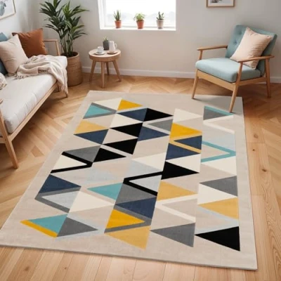 Abbildung von Surya Marietta Teppich Wohnzimmer Boho, großer Schlafzimmer 120x170 cm für Esszimmer mit geometrischem Muster, Skandinavischer Wohnzimmerteppich modern in Beige, Gelb, Blau