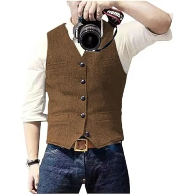 Abbildung von Solovedress Herren Casual Wolle Fischgrätmuster Anzug Weste V Ausschnitt Tweed für Hochzeit Groomsmen(Braun,M)