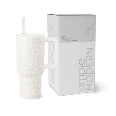 Abbildung von Simple Modern Thermobecher mit Strohhalm und Griff Isolierter Edelstahl Trinkbecher Eiskaffee Reisebecher Geschenke für Frauen Männer Trek 890ml Cream Leopard