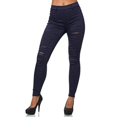 Abbildung von Elara Damen Hose High Waist Destroyed Look Chunkyrayan A89 1 Dunkelblau 42 (XL)