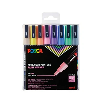 Abbildung von POSCA Mitsubishi Pencil PC3M Marker, konische Spitze, feine Marker auf Wasserbasis, für alle Untergründe, Papier, Textil, Glas, Kieselstein, Holz, Pastellfarben, 8 Stück