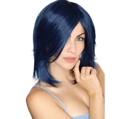 Abbildung von Prettyland blau schwarz gemischt gesträhnt Mittellange glatte Damen Perücke mit Pony Manga Anime Wig C305