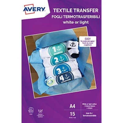 Abbildung von Avery UK MD1004.UK Textil Transferpapier für helle Baumwolle, Laserdrucker, 1 bedruckbares Stofftransferpapier pro A4 Blatt, 15 Blatt Packung, Weiß