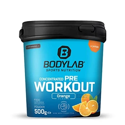 Abbildung von Bodylab24 Concentrated Pre Workout Orange 500g, enthält unter anderem Kreatin, Beta Alanin, Arginin, Niacin und Koffein, bewährte All In One Formel fürs Training