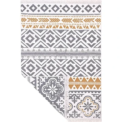 Abbildung von Fashion4Home Teppich Kurzflor Boho Kelim Teppich, Wohnzimmerteppich, Schlafzimmer und Küchenteppich, Läufer, Flur Kinderzimmerteppich Orient Blau Gold, Grüße: 50x80 cm