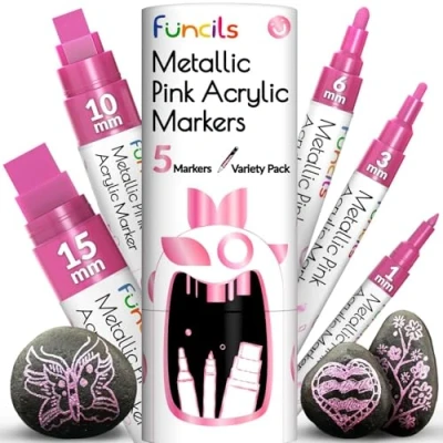 Abbildung von Funcils 5 Metallisch Acrylstifte für Steine, Glas, Holz, Leinwand Rosa Acryl Marker 1mm, 3mm, 6mm, 10mm, 15mm Spitze. Die Rosastift Stifte sind ideal Erwachsene und auch Kinder.