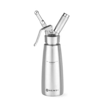 Abbildung von HENDI Sahnespender, Inklusive Set aus 3 Edelstahl Spritztüllen und Reinigungsbürste, Sahne Mousses Desserts kalten Schäumen Saucen, 0,5L, ø85x(H)235mm, Edelstahl, Silber
