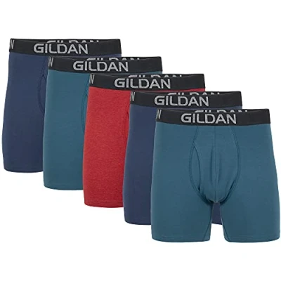 Abbildung von Gildan Herren Cotton Stretch Regular Leg Boxer Brief Retroshorts, Blue Cove/Hawaiian Blue/Heather Red Mark (5er pack), L EU