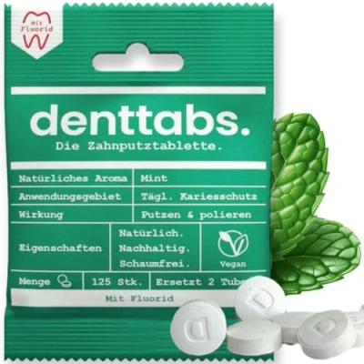 Abbildung von denttabs Zahnputztabletten die vollwertige Alternative zur Zahnpasta, 125 Stk. für 2 Monate. Mint mit Fluorid VEGAN Plastikfrei ohne Konservierungsstoffe. Im Orginal kompostierbaren Beutel