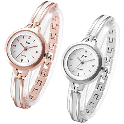 Abbildung von JewelryWe 2pcs Damenuhr Elegant Analog Quarz Armbanduhr Damen Klein Einfach Beiläufige Uhr Spangenuhr mit Metall Armband Rosegold/Silber