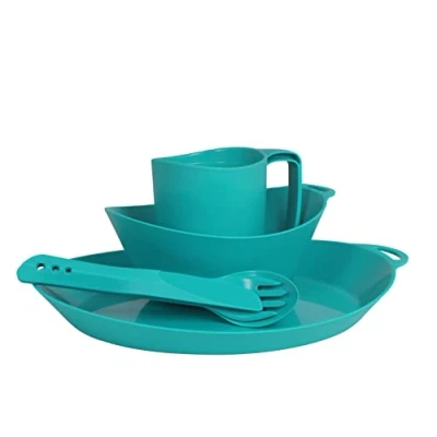 Abbildung von Lifeventure Ellipse wiederverwendbar 4 Teiliges Geschirr Set: Messer/Gabel/Löffel, Teller, Schüssel, Becher für Camping, Reisen &amp; Outdoor, Türkisblau