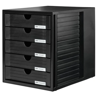 Abbildung von HAN Schubladenbox SYSTEMBOX mit 5 geschlossenen Schubladen für Unterlagen bis DIN C4, Schreibtisch oder im Schrank, inkl. Auszugsperre + Beschriftungsclip, möbelschonende Gummifüße, 1450 13, schwarz