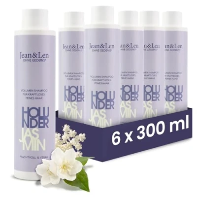 Abbildung von Jean &amp; Len Volumen Shampoo Holunder Jasmin, für kraftloses und feines Haar, verleiht Volumen, fruchtig blumiger Duft, ohne Parabene Silikone, vegan, 6 x 300 ml