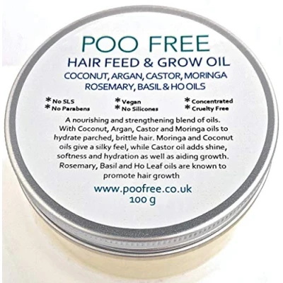 Abbildung von 100% NATÜRLICHES HAARWUCHS ÖL 100 g von POO FREE. Eine Mischung aus hochwertigen Kokos, Rizin, Argan und Moringa Ölen mit Rosmarin, Basilikum Ho Blattöl. Ohne hinzugefügtes Parfüm.