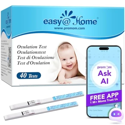 Abbildung von Easy@Home 40 x Ovulationstest Kinderwunsch Fruchtbarkeitstest für Frauen: Empfindlich Eisprung Teststreifen 25 miu/ml Einfachste Ovulation und Perioden Tracking App Premom LH Test