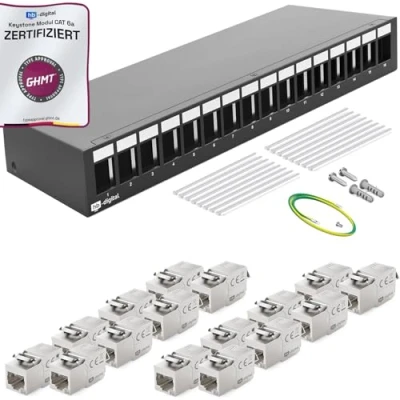 Abbildung von HB DIGITAL 16 Port Patchpanel Patchfeld Verteilerfeld 1 HE 16x CAT 6a RJ45 Keystone Jack Modul GHMT Zertifiziert vollgeschirmt STP 10 Gbps Kompatibel mit Verlegekabel Netzwerkkabel LAN Schwarz