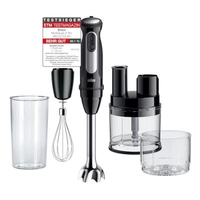 Abbildung von Braun MultiQuick 5 Pro MQ55755M, Stabmixer mit 25 Geschwindigkeitsstufen, Easy Click System Plus, 1000W, Schwarz inkl. Mini Küchenmaschine, Zerkleinerer, Schneebesen, Mix und Messbecher (600 ml)