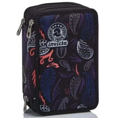 Abbildung von Invicta Federmäppchen, Mäppchen, mehrfarbig, Federtasche für Schreibwaren, Etui mit Stiften, Kugelschreiber, &amp; mehr, 3 Fächer, Mädchen Jungen, Schule Grundschule, XXL PAISLEY schwarz