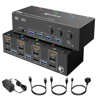 Abbildung von KVM Switch 3 Computer Monitore, KCEVE HDMI + DisplayPort USB 3.0 Umschalter, 8K@30Hz/4k@144Hz Dreifach Monitor für PCs, Displays und 4 Geräte