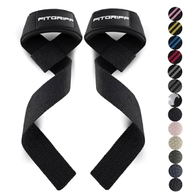 Abbildung von Fitgriff® Zughilfen (gepolstert) für Krafttraining, Bodybuilding, Fitness Kreuzheben Gurte Lifting Straps Frauen und Männer (Full Black)