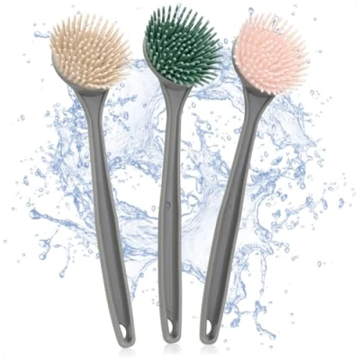 Abbildung von com four® 3x Spülbürste Küchenhelfer mit Silikonborsten Abwaschbürste für Teller, Pfannen, Töpfe Geschirrbürste langem Griff Spülhilfe ohne Kratzer 28 cm [Auswahl variiert]