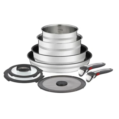 Abbildung von Jamie Oliver by Tefal 9 teiliges Ingenio Kochgeschirr Set, Induktions Töpfe Pfannenset Induktion, ofenfest, für alle Herdarten geeignet, Thermo Signal bei idealer Brattemperatur, L9769932