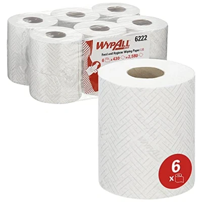 Abbildung von WypAll L10 Papierreinigungstücher für Lebensmittel und Hygiene 6222 1 lagige Reinigungstücher Trockenreinigung 6 weiße Rollen mit Zentralentnahme x 430 (insges. 2.580)