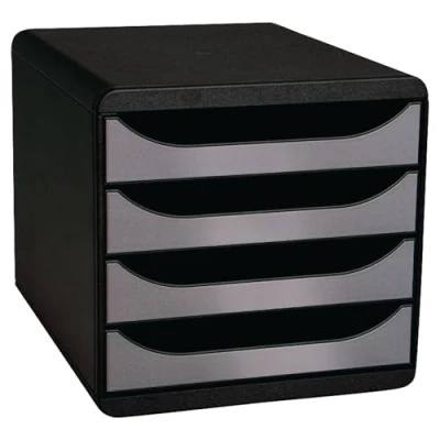Abbildung von Exacompta 310438D Premium Ablagebox mit 4 Schubladen für DIN A4+ Dokumente. Belastbare Schubladenbox hoher Kapazität mehr Platz auf dem Schreibtisch Big Box Metallic SchwarzSilber