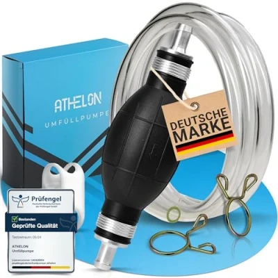 Abbildung von ATHELON® Handpumpe für Benzin, Diesel, Wasser &amp; Öl XL Umfüllpumpe inkl. Flüssigkeitsregler und 2m Schlauch Verbesserte Schlauchpumpe [2024] Zuverlässig Auslaufsicher
