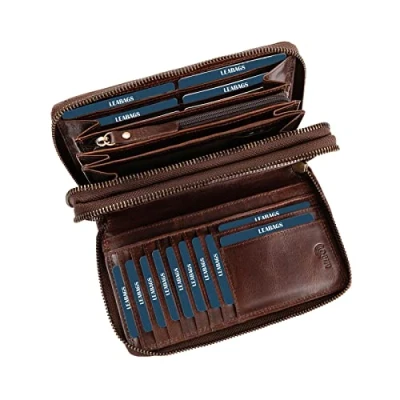 Abbildung von LEABAGS Leder Geldbörse Damen Portemonnaie Gross mit RFID Schutz, Echtleder XXL Geldbeutel Groß, 29 Kartenfächer Portmonee Münzfach, Doppelter Reißverschluss（Vintage Cognac）