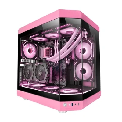 Abbildung von Mars Gaming MC 3T, Custom ATX Gehäuse, Triple Window Durchgehend Gehärtetes Glas, Volle Flüssigkeitskühlung, Dual Side Kamera, 3X Vertikale PCI Slots, USB C und 3.0, Rosa