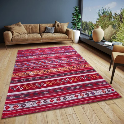 Abbildung von Hanse Home Yara Design Teppich Boho Flachgewebe Style, Anti Rutsch Unterseite, Vintage hochwertig gewebt für Wohnzimmer, Schlafzimmer, Esszimmer, Flur Dunkelrot Multifarben, 150x220cm