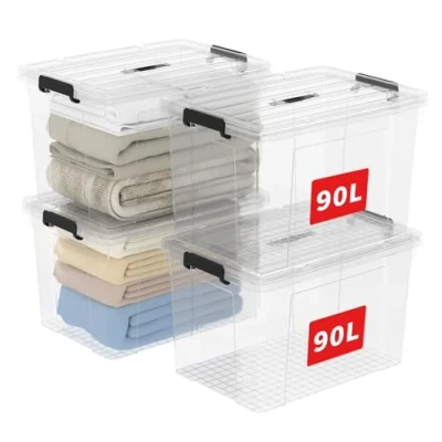 Abbildung von Cetomo,90L,4er Pack, Aufbewahrungsbox mit deckel,Aufbewahrungsboxen, Clips, stapelbar, Wohnzimmer, Schlafzimmer.lebensmittelecht,Verschlussclips,Neumaterial Plastik Box transparent schwarz