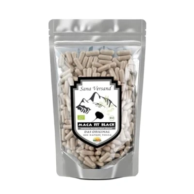 Abbildung von Maca Fit Black 300 Veganer Kapseln Original aus Peru Junin Bombon Zertifiziert, reines schwarzes Wurzel Pulver, rein pflanzlich ohne Zusatzstoffe