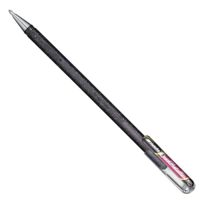 Abbildung von Pentel K110 DAX Dual Metallic Hybrid Gelroller, Glitzer Gel, 1 Stück, schwarz/rot 2 verschiedene Farb Effekte auf hellem/dunklem Papier schwarz+metallic rot