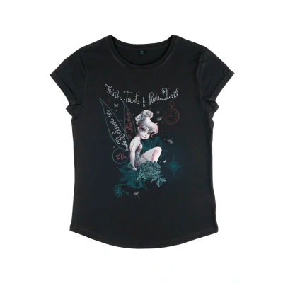 Abbildung von Disney Damen Peter Pan Tink in Fairy Land Women&#039;s Organic Rolled Sleeve T shirt, Schwarz, M