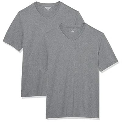 Abbildung von Amazon Essentials Herren Kurzärmliges T Shirt mit V Ausschnitt in normaler Passform (in Übergrößen erhältlich), 2er Pack, Grau Meliert, 4XL Große Größen Tall