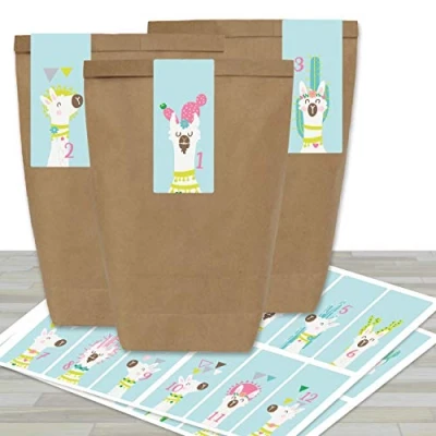 Abbildung von Papierdrachen Adventskalender Set 24 braune Papiertüten und eckige Zahlenaufkleber mit Lamas zum Selbermachen Befüllen Mini Nr 63 Weihnachten