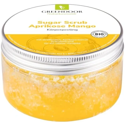 Abbildung von GREENDOOR Körperpeeling Sugar Scrub Aprikose Mango mit Provitamin A 230g, sanftes Zucker Peeling ohne Farbstoffe Mikroplastik, Duschpeeling aus der Naturkosmetik Manufaktur, Body Scrub, Sauna
