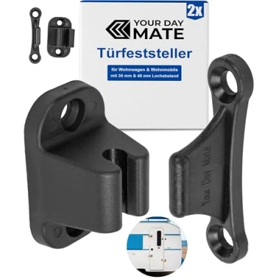 Abbildung von Türfeststeller für Wohnwagen, 2 Pack, Schwarz, zum Anschrauben, mit 35 mm und 48 Lochabstand, Türschloss Stauraum Tür Camper, Türhalter Serviceklappe Wohnmobil, Türschnapper Campervan, Türsicherung