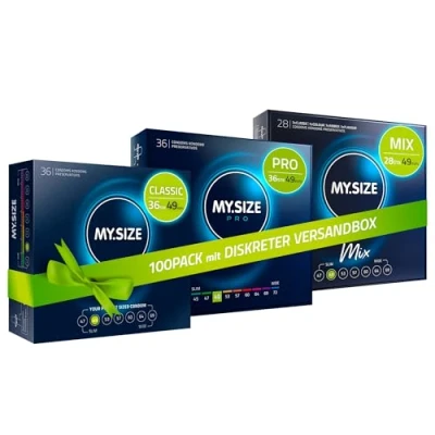 Abbildung von MY.SIZE 100 Kondome 49 mm Megaset Classic + Mix Pro I Größe 2 Stück Sparpackung Premium Kondom extra dünn gefühlsecht hauchzart dünne Wandstärke vegan Condoms for men