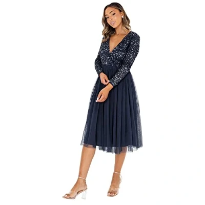 Abbildung von Maya Deluxe Damen Midi Elegant Wedding Sleeves Deep V Neck Sequins Cocktail Prom Bridesmaid Dress, Navy, 44 EU